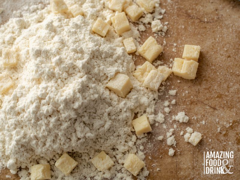 Fat cut into flour showing pea-sized pieces