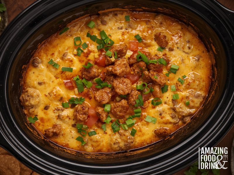 Quick classic sausage queso dip in slow cooker ready for serving at a party