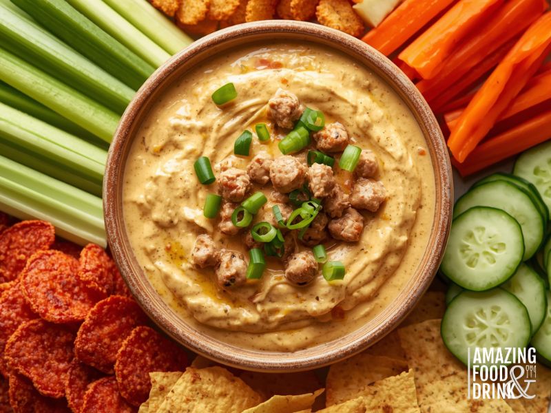 Keto and gluten-free sausage queso dip served with low-carb vegetable dippers and pork rinds