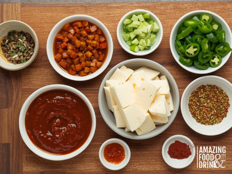 Variety of ingredients for customizing sausage queso dip including peppers, herbs, spices, and dairy-free alternatives