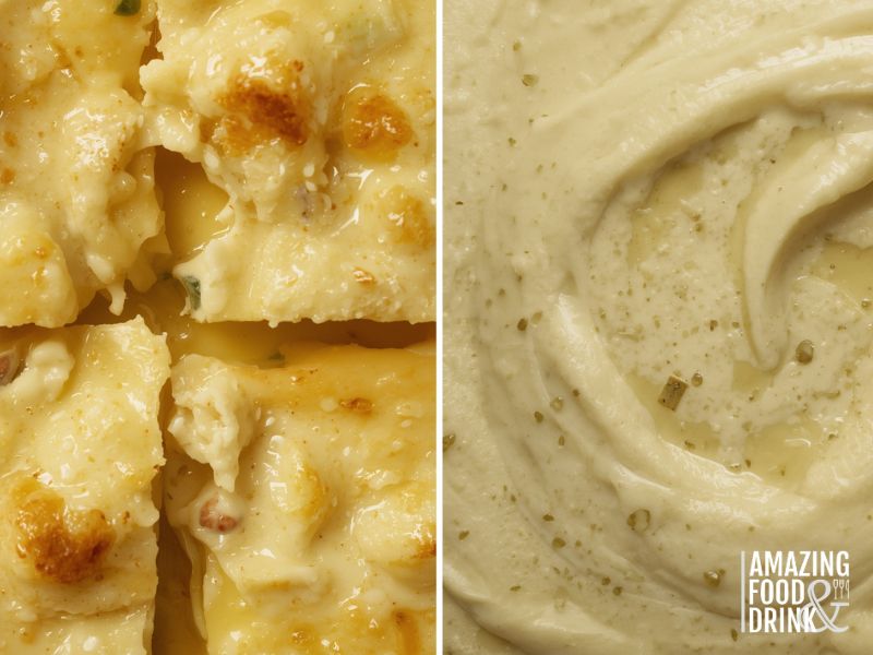 Before and after comparison showing oily separated queso dip and smooth properly emulsified version