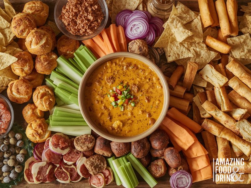 Complete sausage queso dip serving board with variety of dippers including chips, pretzels, bread, and vegetables