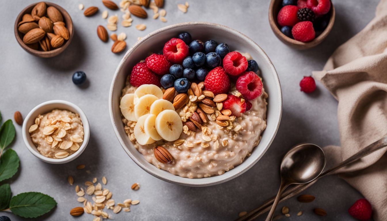 A bowl of dairy-free oatmeal surrounded by natural ingredients and toppings.