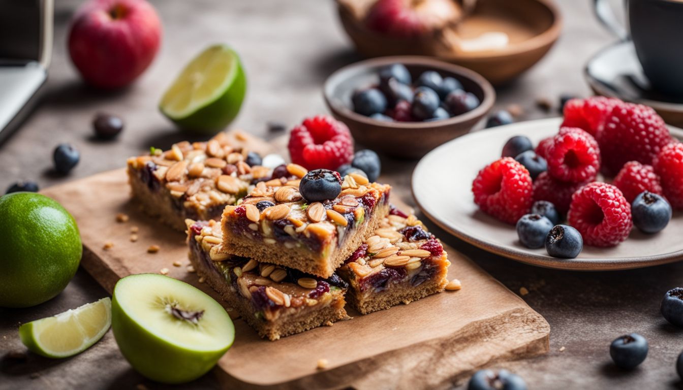 A vibrant assortment of nut-free breakfast bars and fresh fruits.