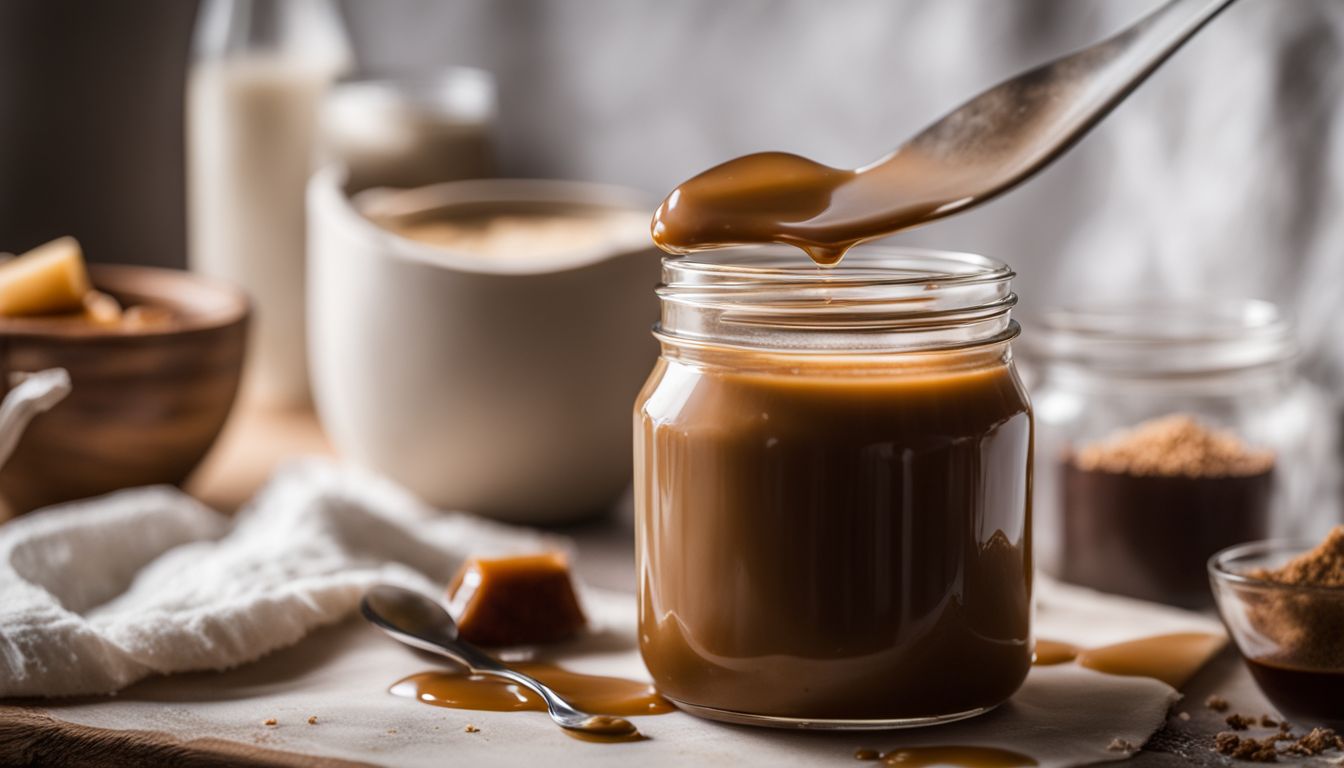 A jar of homemade dairy-free caramel sauce with various styles and outfits.