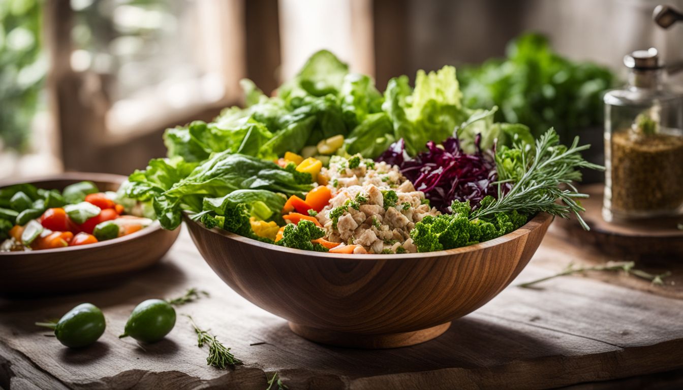 A vibrant salad bowl surrounded by fresh herbs and vegetables.