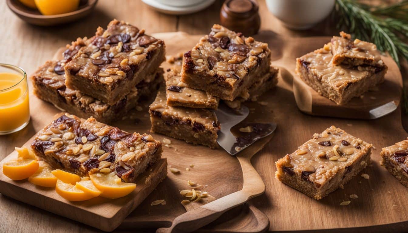 A variety of dairy-free breakfast bars arranged on a cutting board.