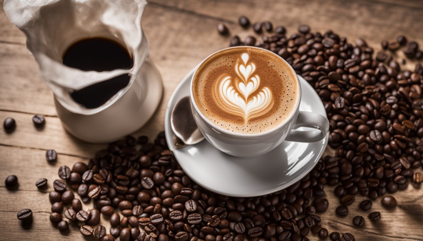 A photo of a dairy-free coffee surrounded by coffee beans and a coffee shop setting.