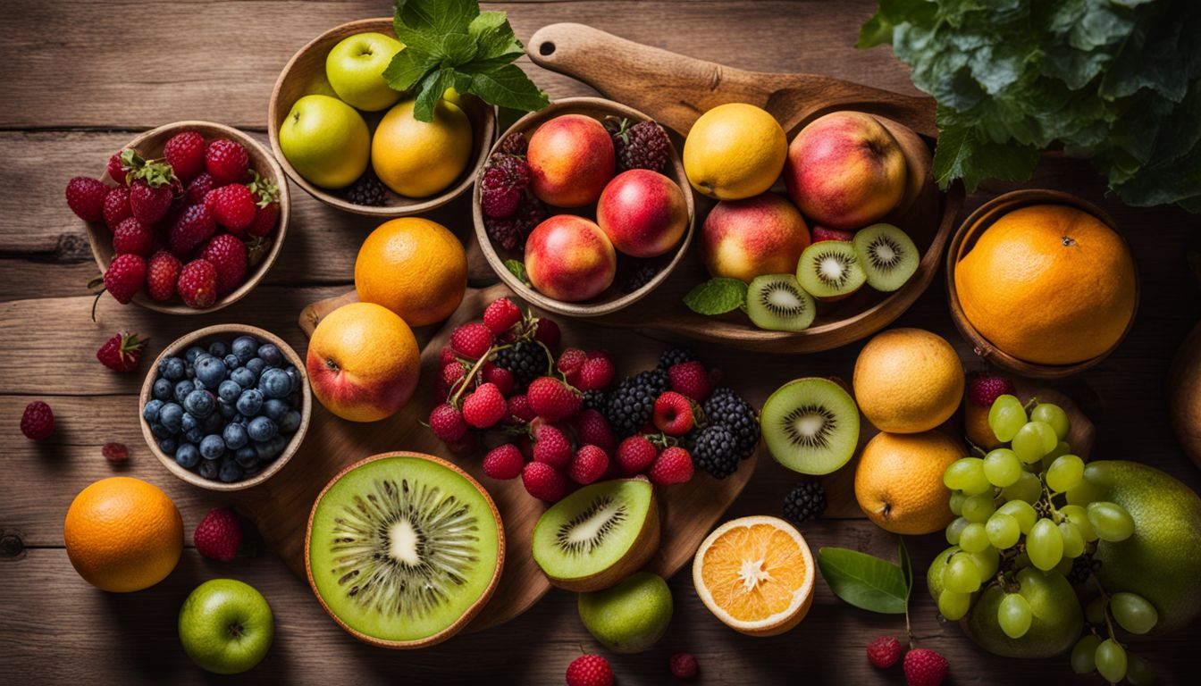 A vibrant assortment of fresh fruits arranged on a wooden table in a garden.