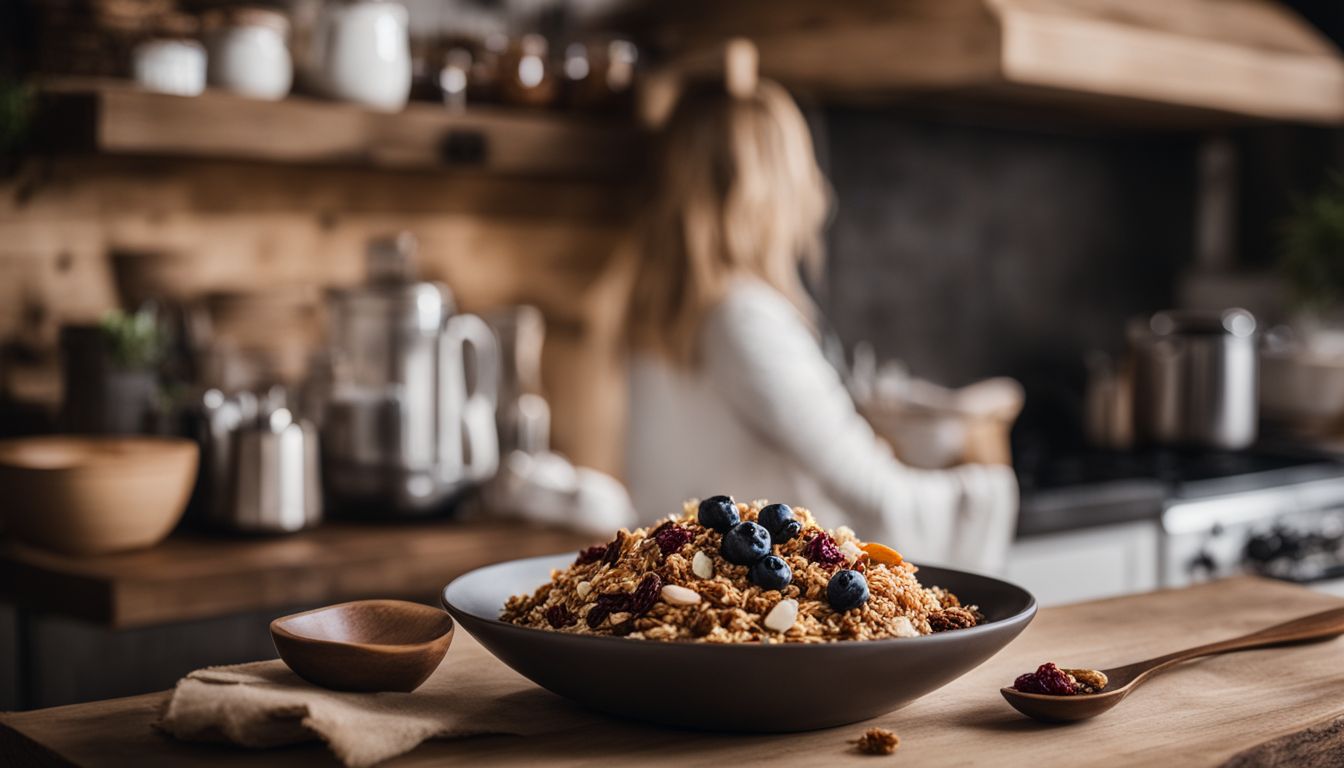 A bowl of nut-free granola with dried fruits and yogurt in a rustic kitchen setting.