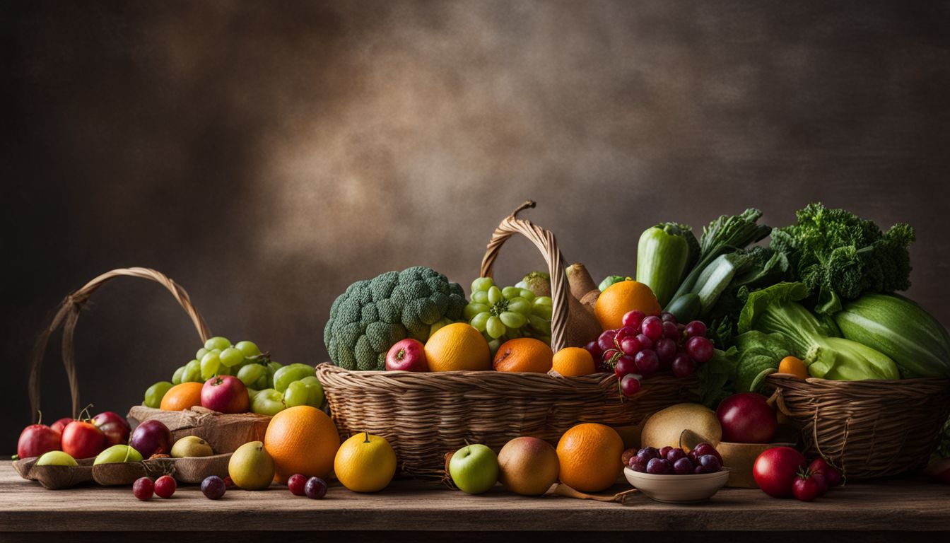 A vibrant still life arrangement of fresh fruits and vegetables.