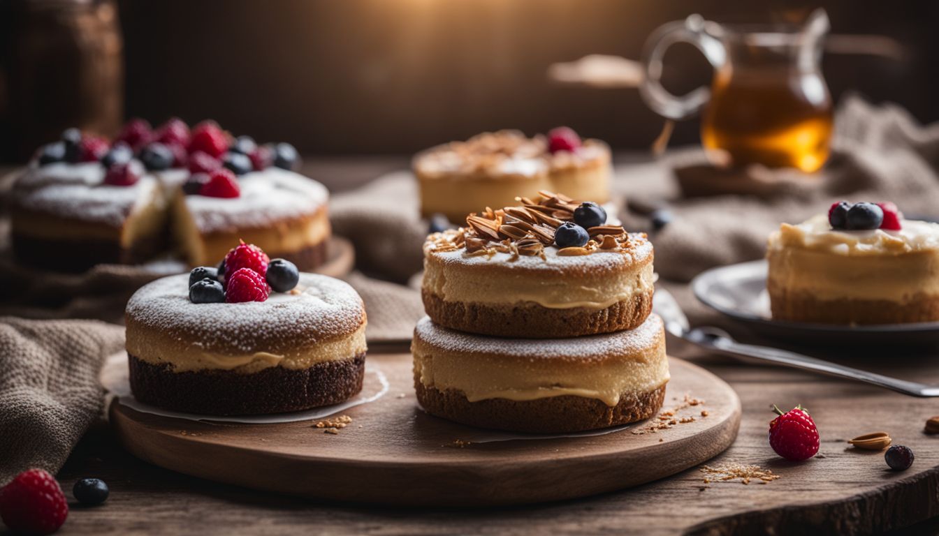 A photo of mouth-watering gluten-free desserts arranged on a rustic table.
