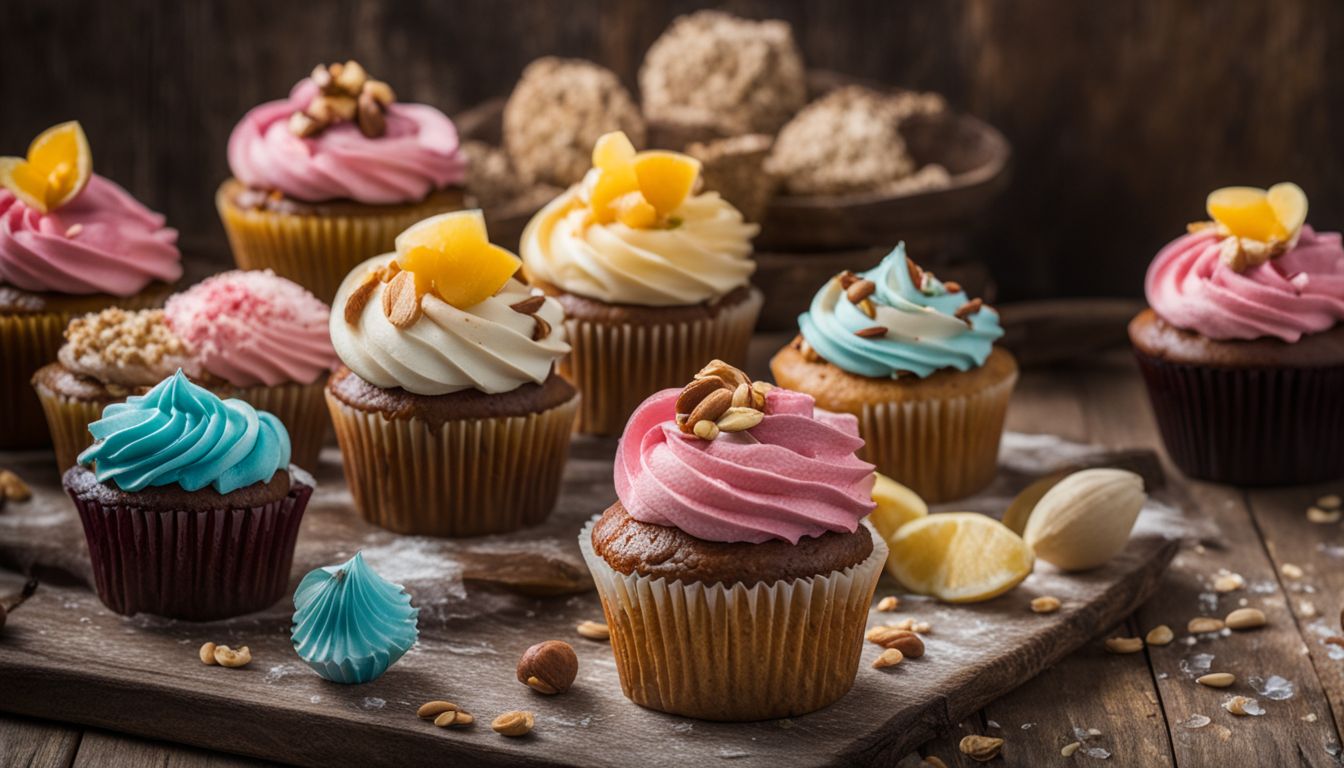 A variety of freshly baked gluten-free and nut-free cupcakes on a wooden table.