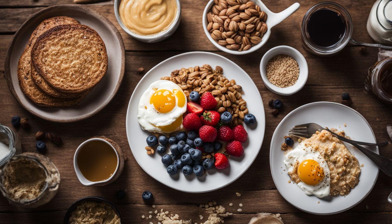 An assortment of dairy-free high-protein breakfast foods on a rustic wooden table.