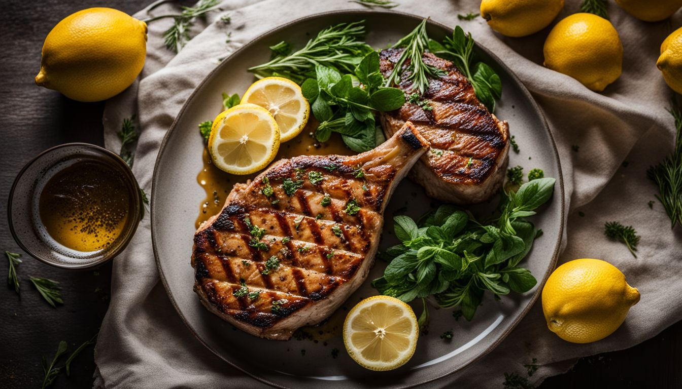 A mouthwatering photo of grilled pork chops with a honey mustard glaze.