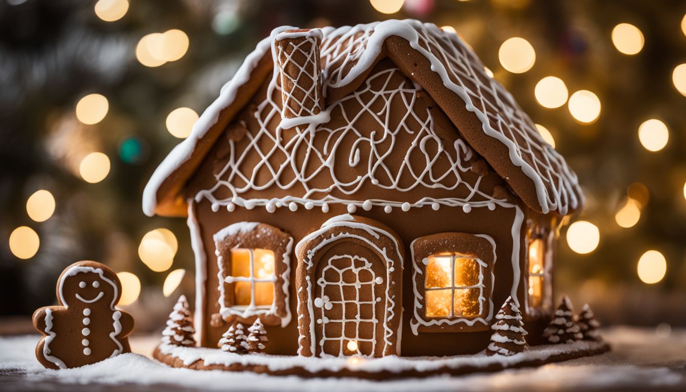 A festive gingerbread house surrounded by decorations and fairy lights.