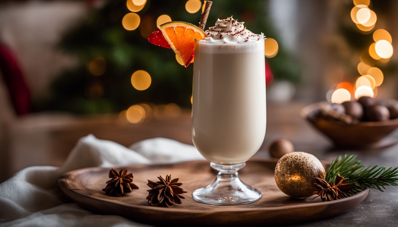 A beautifully decorated glass of dairy-free coquito with festive garnishes.
