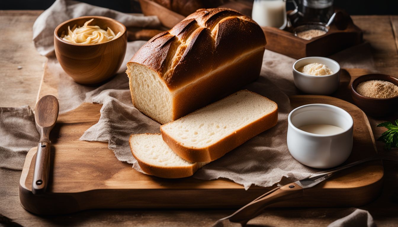 A freshly baked Hokkaido Milk Bread loaf on a wooden cutting board.