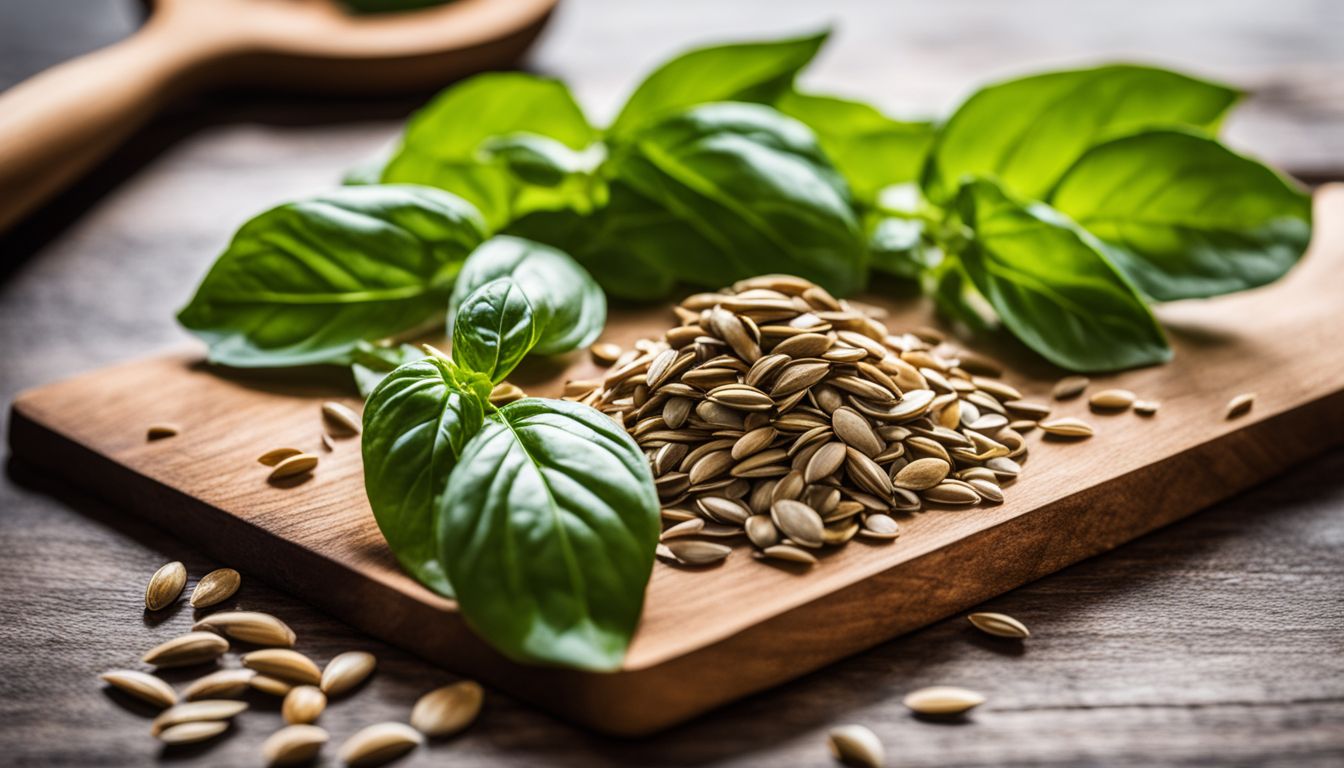 A close-up photo of fresh basil leaves and sunflower seeds.