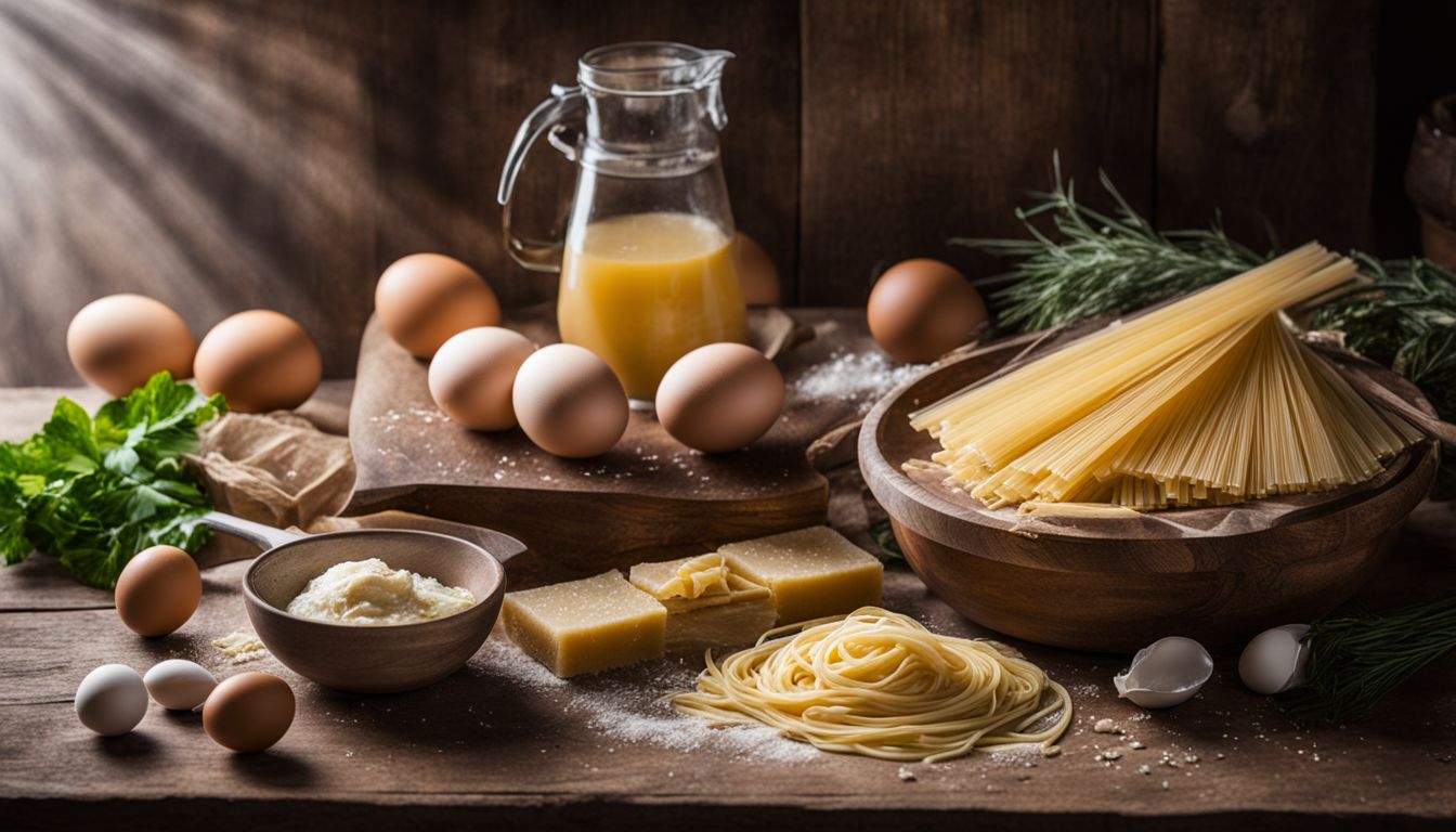 Photo of ingredients and equipment for egg-free pasta on rustic table.