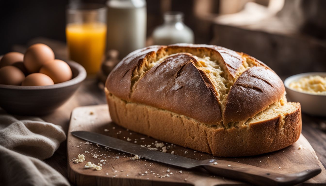 A variety of ingredients and substitutions surrounding a freshly baked loaf of egg-free bread.