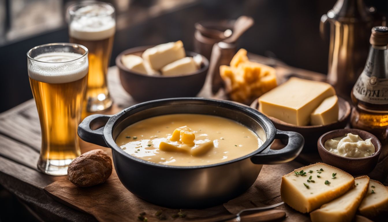 A table with cheese fondue surrounded by ingredients, photographed in high quality.