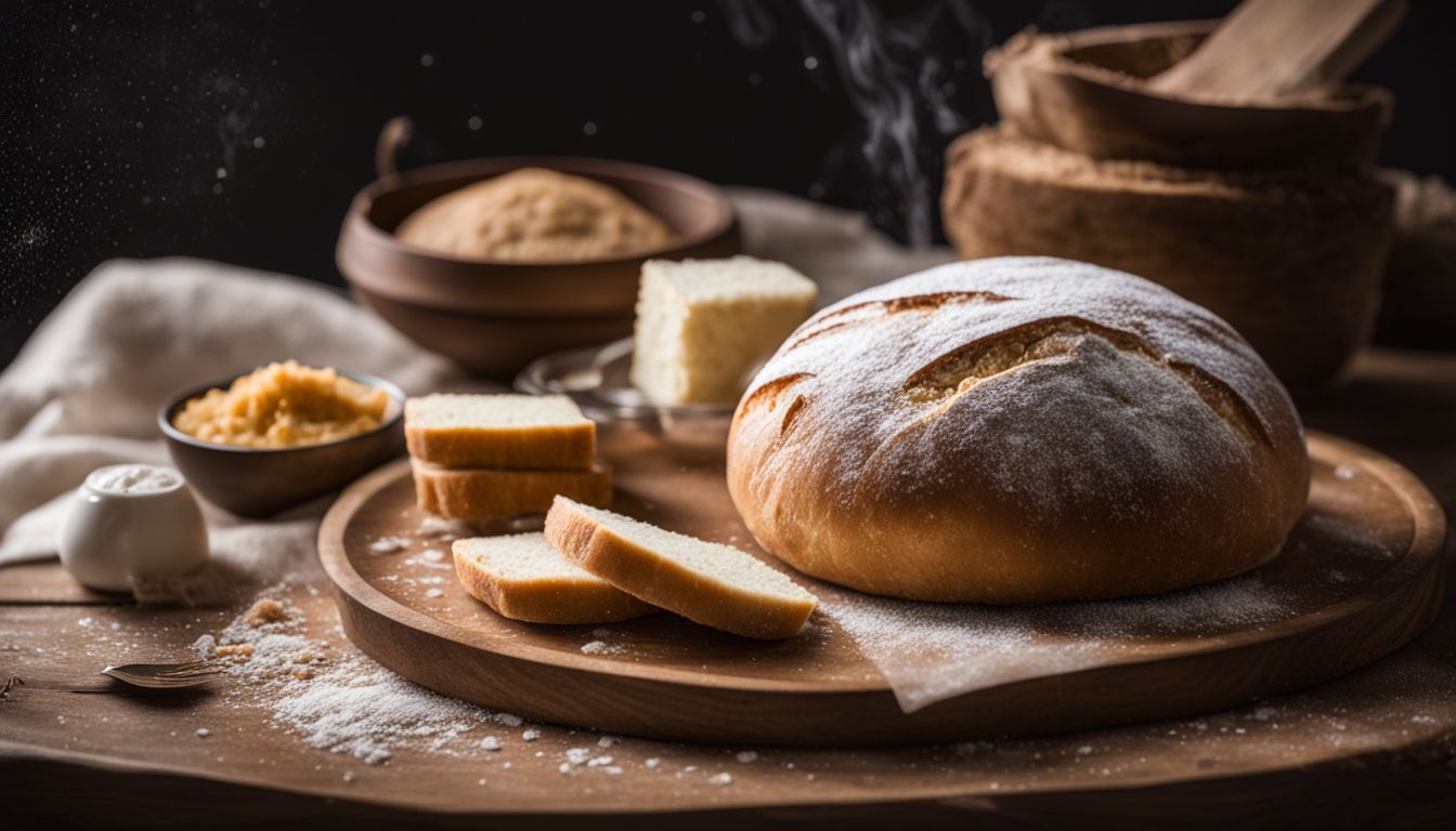 Freshly baked steamed bread on a wooden platter surrounded by ingredients.