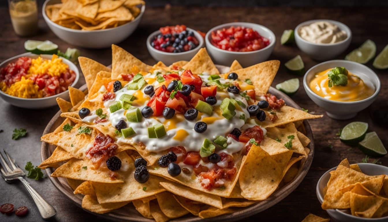 A perfectly layered plate of nachos surrounded by colorful toppings.