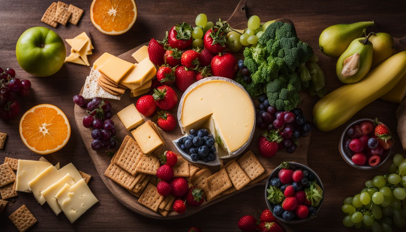 A colourful vegan cheese and cracker plate surrounded by fruits and vegetables.