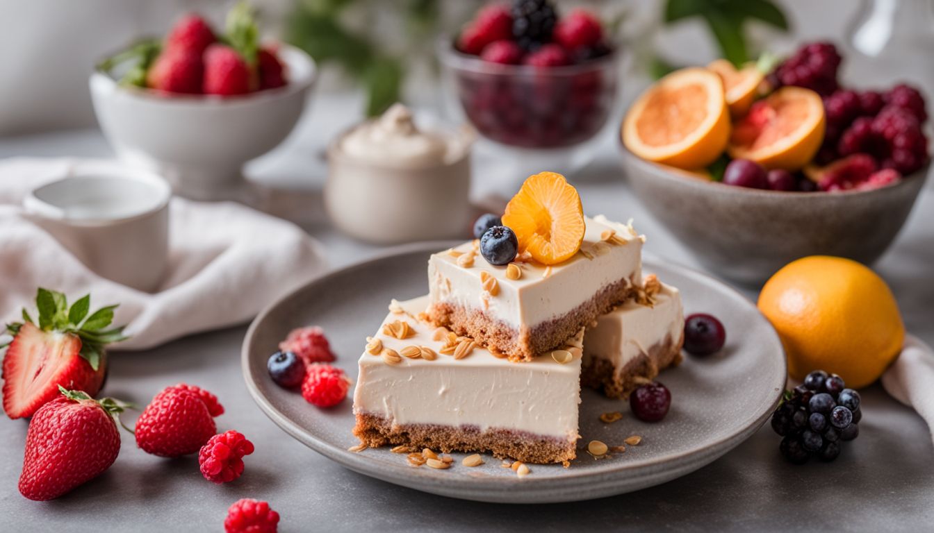 A vibrant assortment of dairy-free and soy-free desserts surrounded by fresh fruits and flowers.