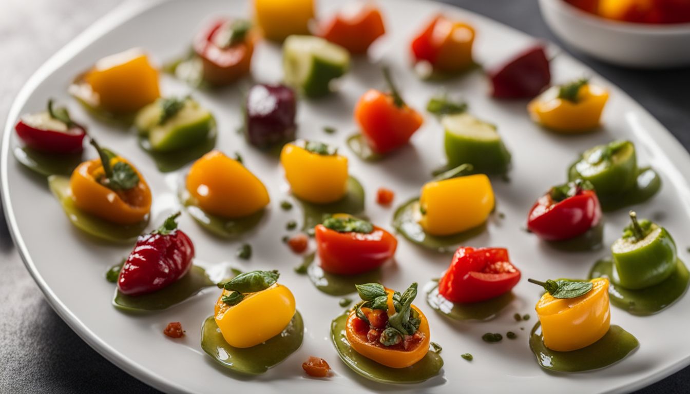 Colourful plate filled with mini pepper appetizers in a bustling atmosphere.