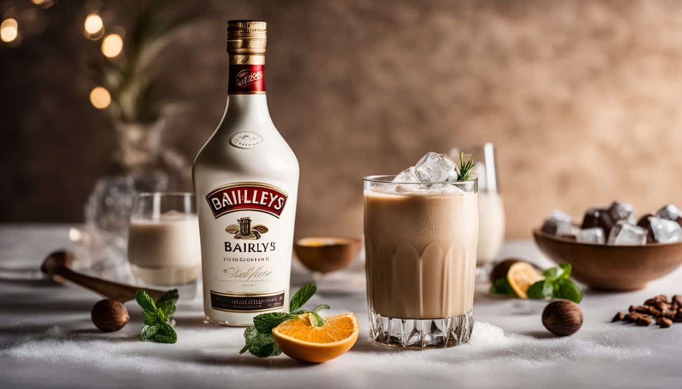 A photo of a dairy-free Baileys bottle surrounded by cocktail ingredients.