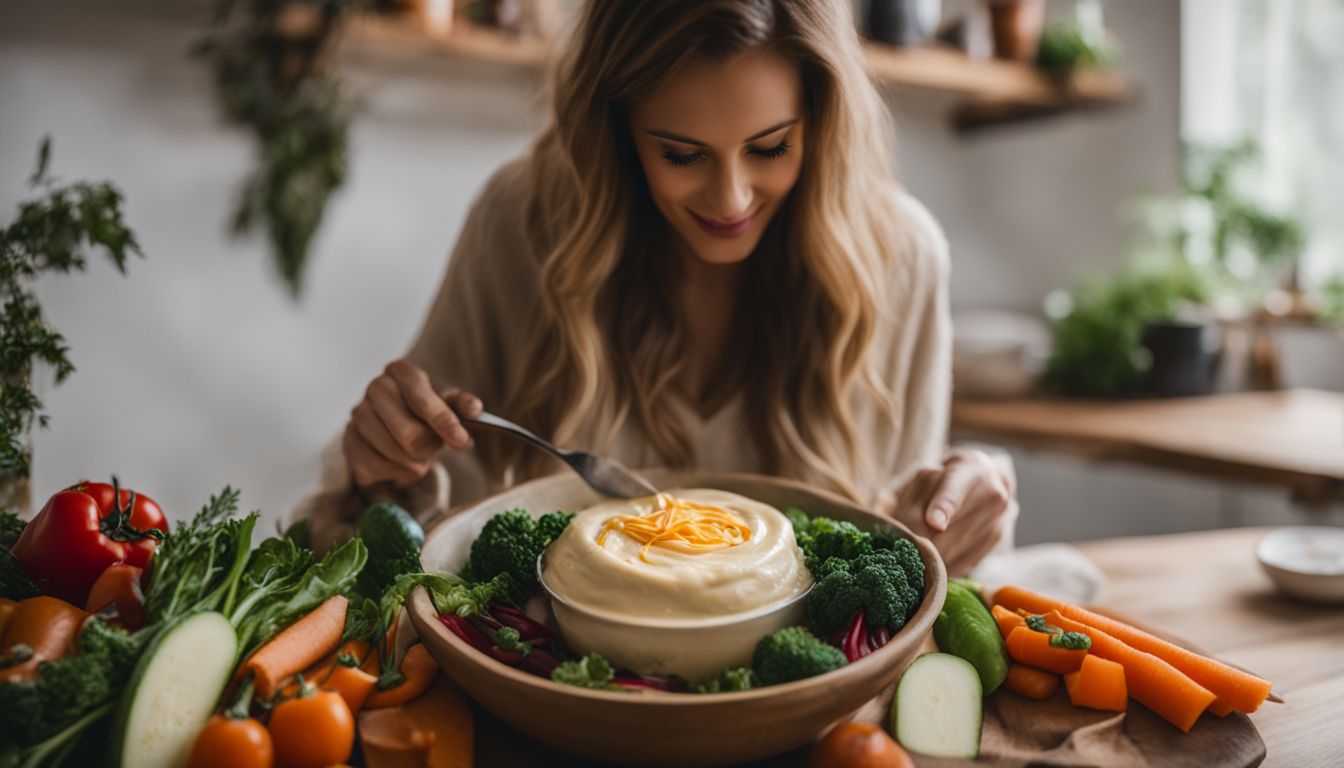 A bowl of vegan cheese sauce surrounded by fresh vegetables, captured in high-quality photography.