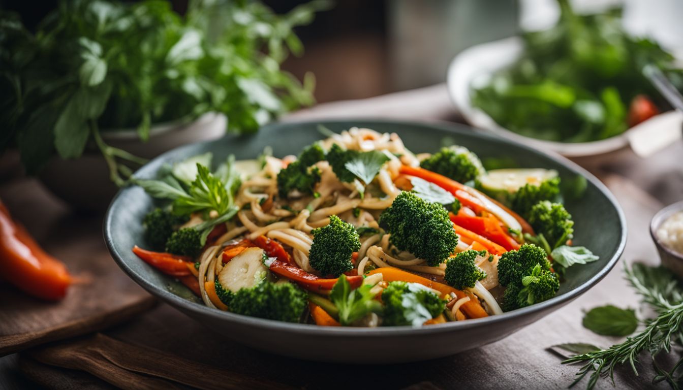 A colourful bowl of stir-fried vegetables surrounded by fresh herbs. Msg allergy.