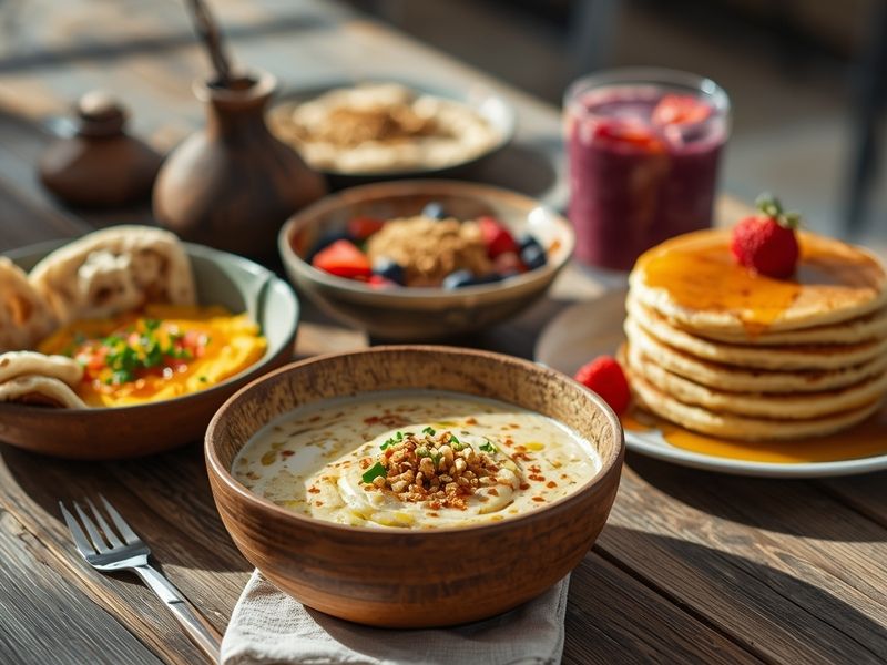 Diverse egg-free breakfast spread featuring Middle Eastern ful medames, Asian congee, smoothie bowl, and pancakes on rustic wooden table