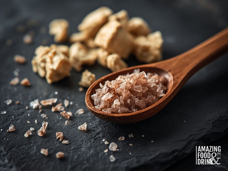 Close-up of kala namak black salt in wooden bowl next to crumbled tofu, showing distinctive pinkish-grey colour used for egg-like flavour