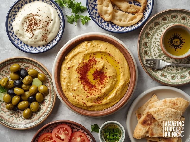 Traditional Middle Eastern breakfast spread with ful medames, labneh, olives, fresh vegetables, and pita bread arranged on decorative ceramic plates