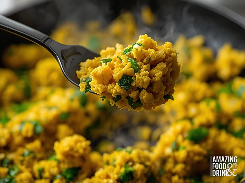 Close-up of golden tofu scramble with turmeric showing fluffy texture, spinach flecks, and fork lifting a portion from pan