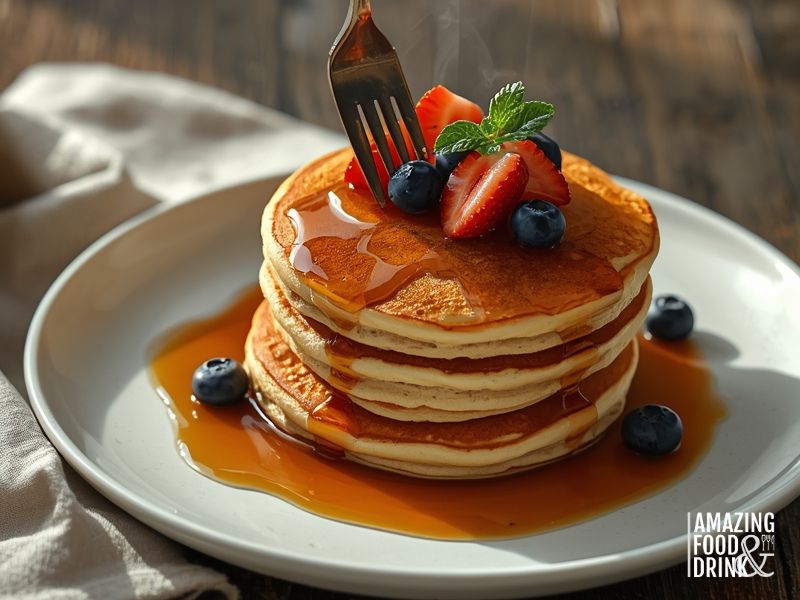 Stack of four fluffy gluten-free egg-free pancakes drizzled with maple syrup, topped with fresh berries, fork showing soft interior texture