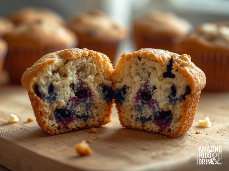 Cross-section of gluten-free egg-free blueberry muffin showing fluffy interior crumb structure with evenly distributed berries