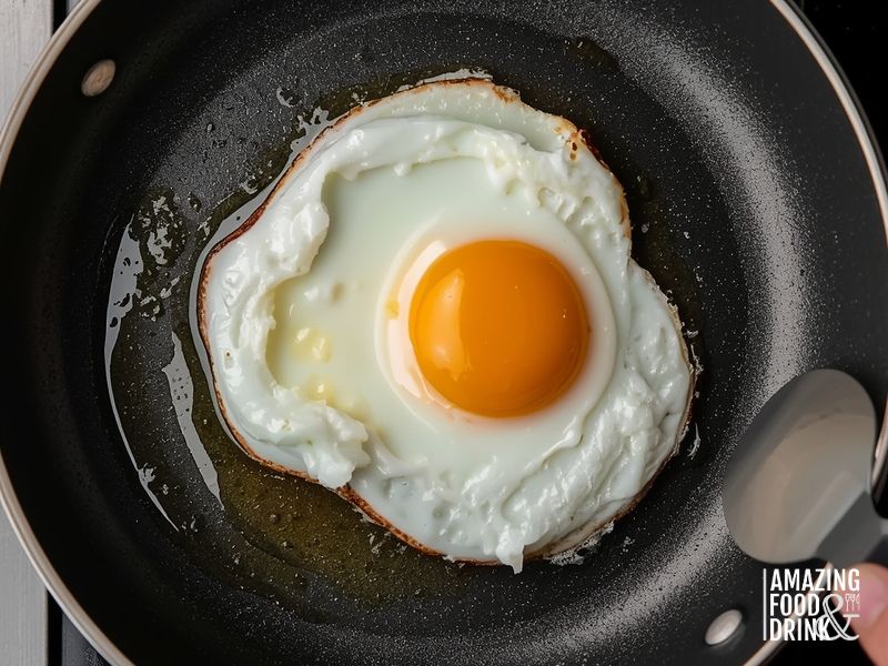 Cooking sunny-side up egg in pan for classic toasted bread with eggs recipe