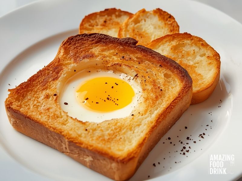 Egg-in-a-hole toasted bread with eggs showing bread cutout filled with fried egg
