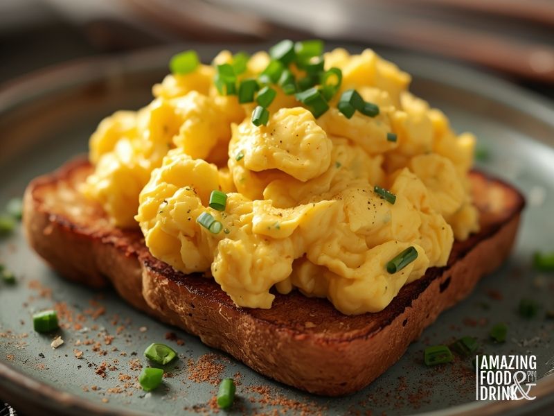 Creamy scrambled eggs on crispy pan-fried toast garnished with fresh chives