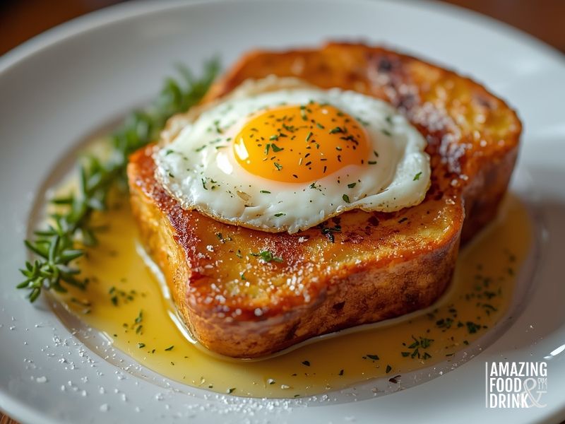 French pain perdu sal&eacute; - savoury French toast variation of toasted bread with eggs with Gruy&egrave;re cheese