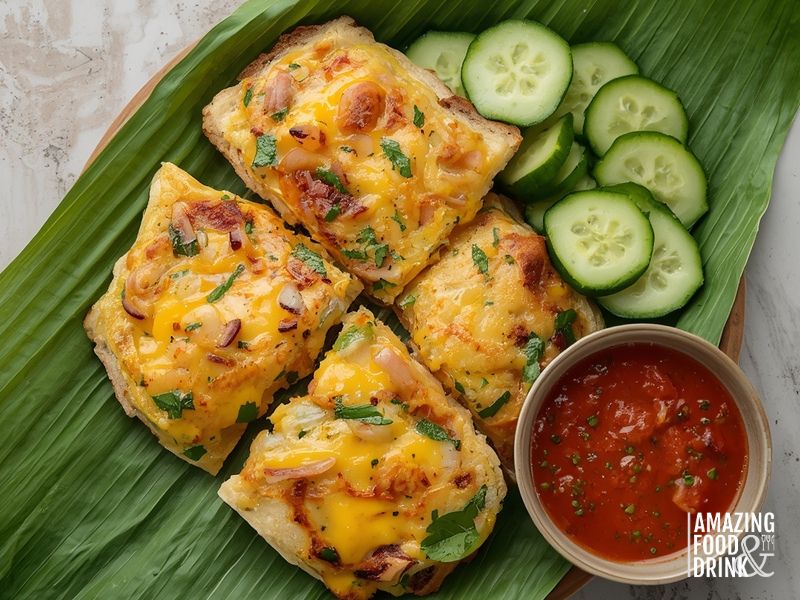 Roti John inspired toasted bread with eggs showing Southeast Asian spiced egg coating