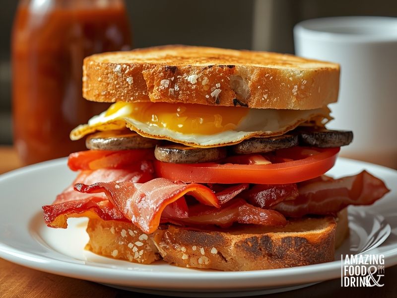 British full breakfast stack with toasted bread eggs bacon mushrooms and tomato