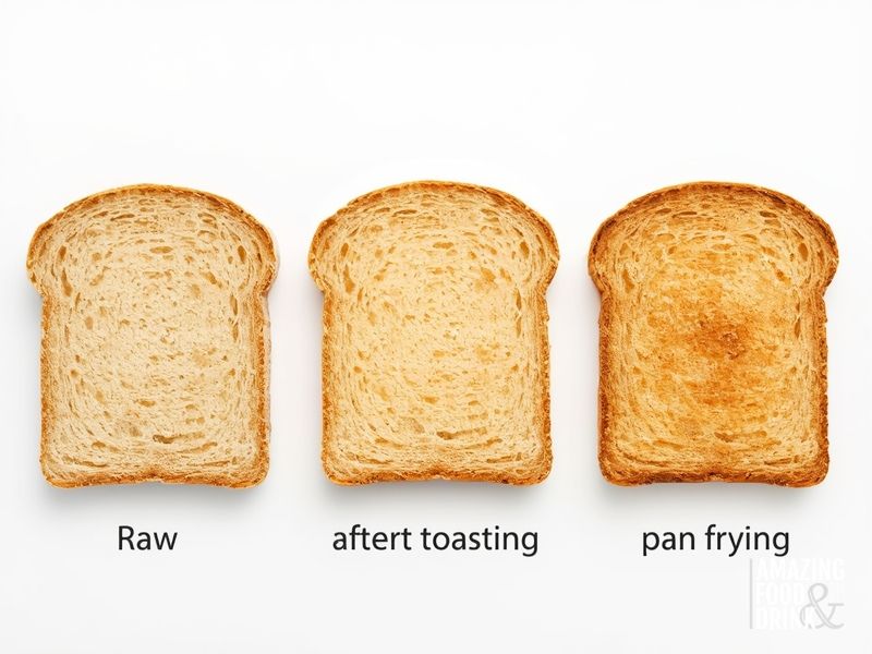 Double-toast technique for gluten-free toasted bread with eggs showing progression from raw to pan-fried