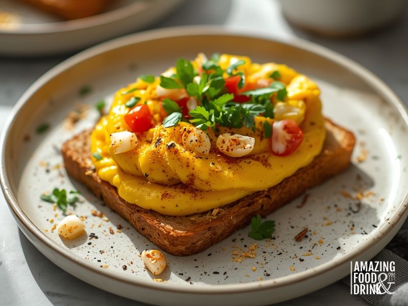 Vegan chickpea flour egg on toast - plant-based toasted bread with eggs alternative