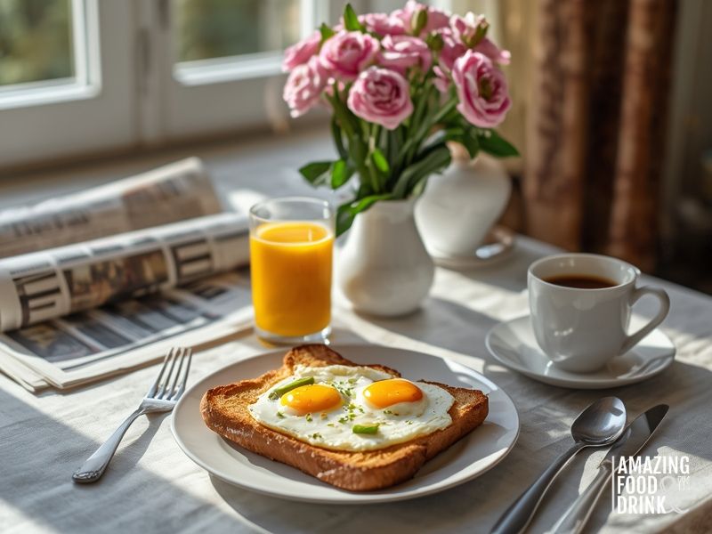 Perfect toasted bread with eggs breakfast setting with coffee and orange juice