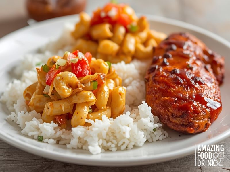 Two scoops of Ono Hawaiian BBQ Macaroni Salad on a bed of rice and bbq chicken on the side